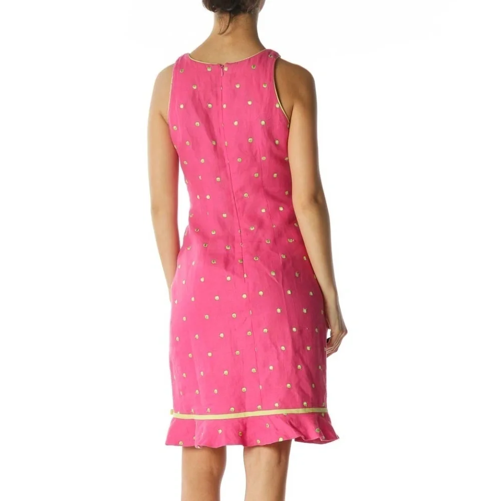 Althuser Pink/Green 100% Linen Embroidered-Polka Dots Dress - Picture 3 of 4